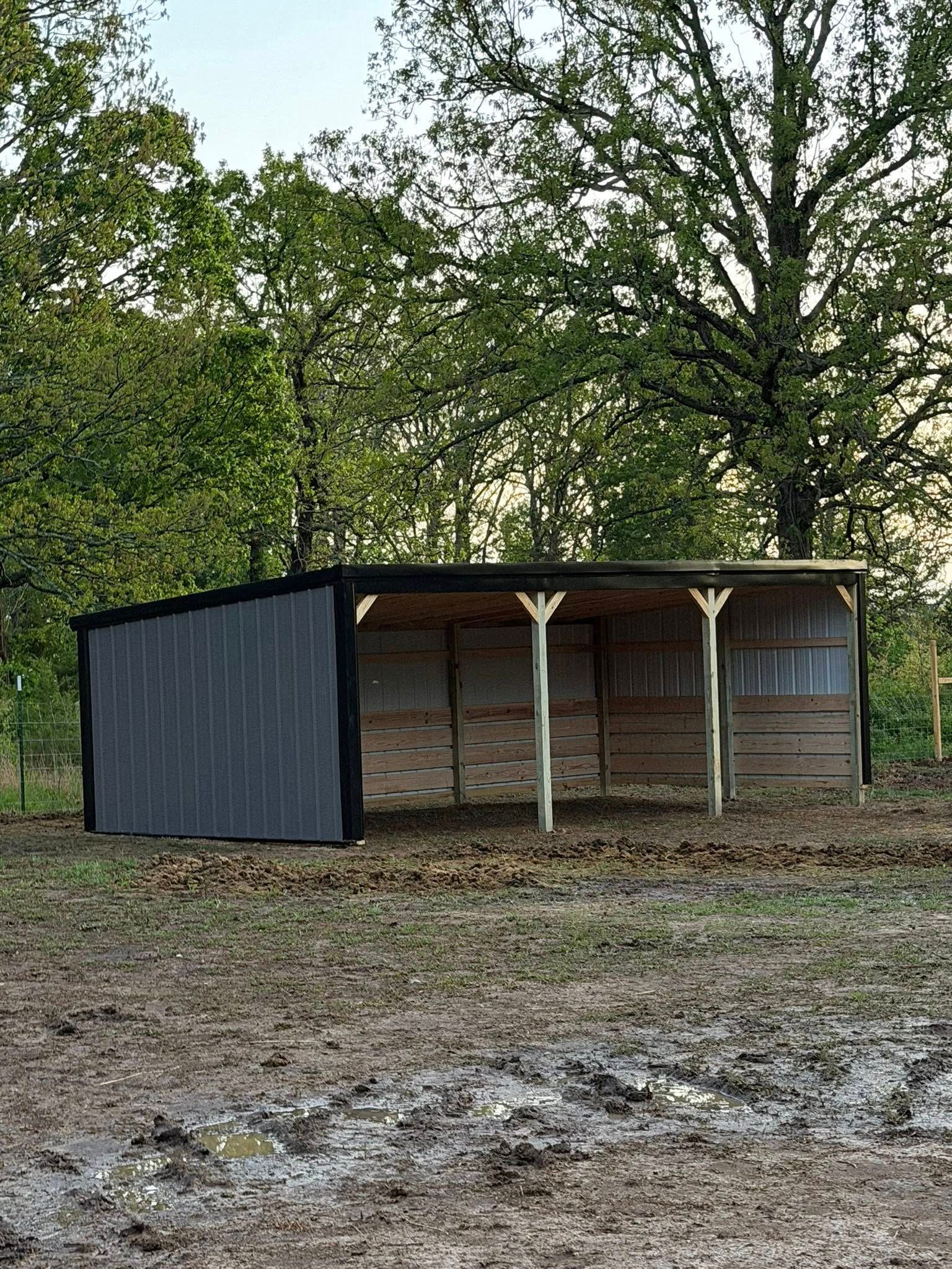 Small rustic shed with an open front in a muddy yard, backed by trees.