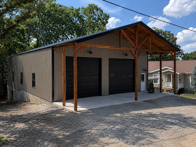 Detached two-car garage with wood posts and black doors on a gravel driveway
