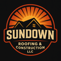 Sundown Roofing LLC logo with orange sun, black house roof, and cream text on black background
