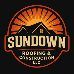 Sundown Roofing LLC logo with orange sun, black house roof, and cream text on black background