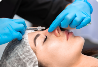 A woman is getting an injection in her nose.