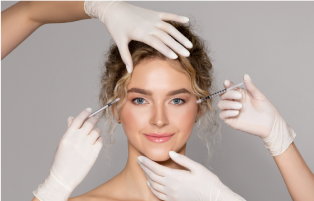 A woman is getting a botox injection in her face.