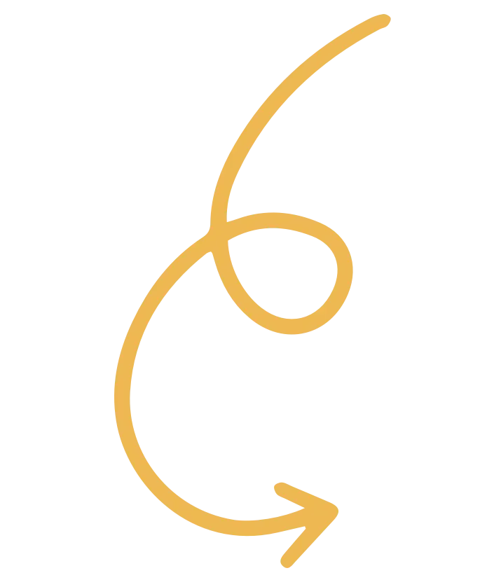 Gold hand-drawn swirl arrow curving downward and right on a white background
