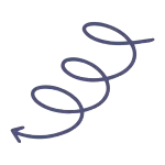 Purple spiral arrow pointing left, with looping curves on a white background
