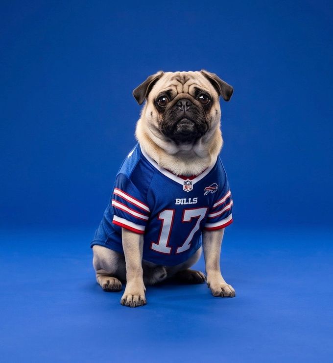 Pug wearing a blue football jersey with number 17, sitting against a blue background