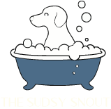Cartoon dog sitting in a blue bathtub with bubbles and soap foam