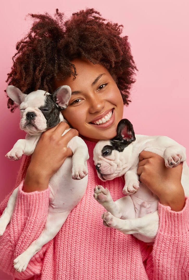 Smiling person in a pink sweater holding two small dogs against a pink background