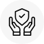 Hands holding a shield with a checkmark icon inside an outline square.