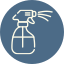 Spray bottle icon with liquid droplets, white outline on blue background