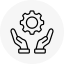 Outlined hands holding a gear icon, symbolizing support or settings assistance.
