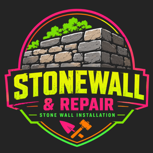 Stonewall & Repair logo with stacked stone wall, neon green and pink accents, and bricklaying tools