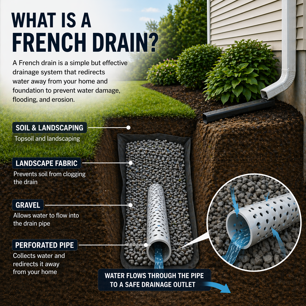 A close-up of a metal downspout against a light-colored stucco wall with a bed of gravel at the base. A close-up of a metal downspout against a light-colored stucco wall with a bed of gravel at the base.