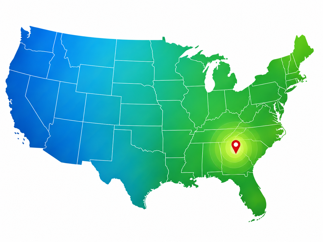 Colorful U.S. map with a red location pin in the Southeast region