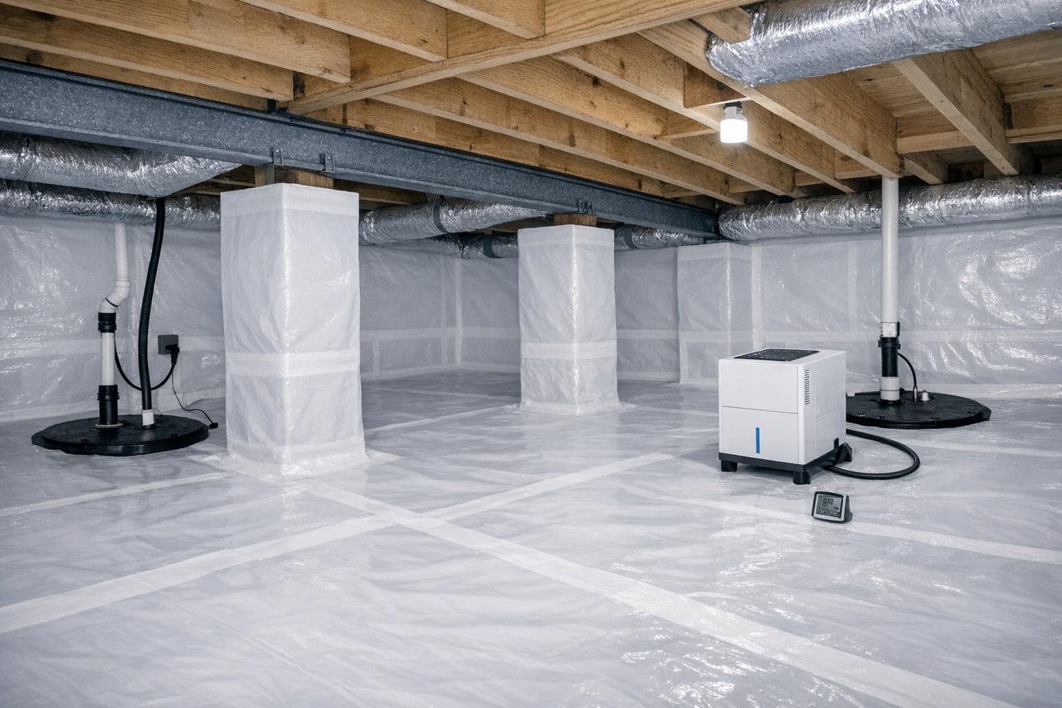 A crawl space encapsulated with white vapor barrier, featuring support columns, a dehumidifier, and a sump pump. A crawl space encapsulated with white vapor barrier, featuring support columns, a dehumidifier, and a sump pump.
