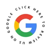 Google logo with circular text reading “click here to review us on Google”