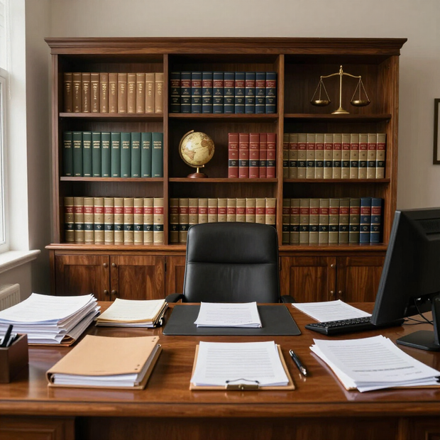 Ufficio con pannelli in legno, scrivania, documenti, computer e libreria piena di libri di diritto e un mappamondo.