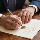 Mani che firmano un documento con una penna e un sigillo d'oro su una scrivania