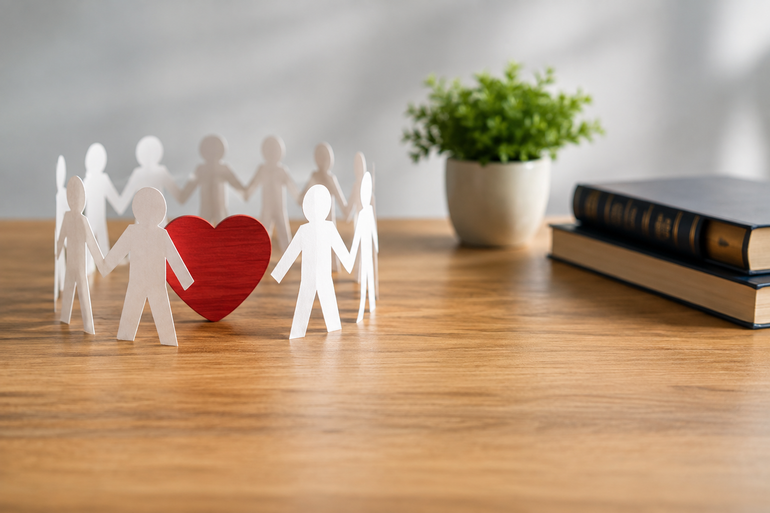 Figure di carta disposte intorno a un cuore rosso su un tavolo di legno, con una pianta in vaso e dei libri sullo sfondo.