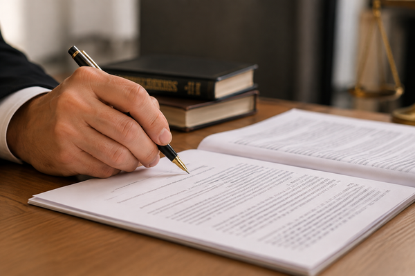 Scrittura a mano con una penna su un documento a una scrivania accanto a pile di libri e una clessidra