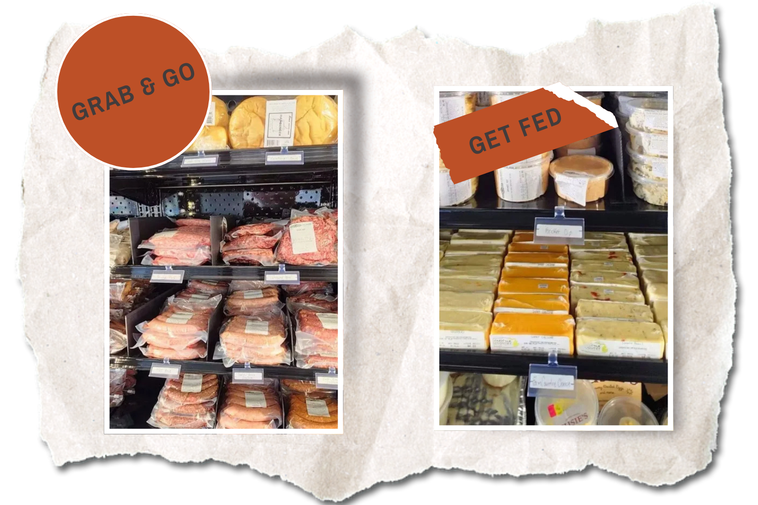 A picture of a grocery store shelf with a sticker that says grab & go and get fed