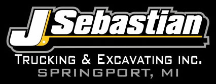 J. Sebastian Trucking & Excavating Inc. logo in white and yellow on black, Springport, MI