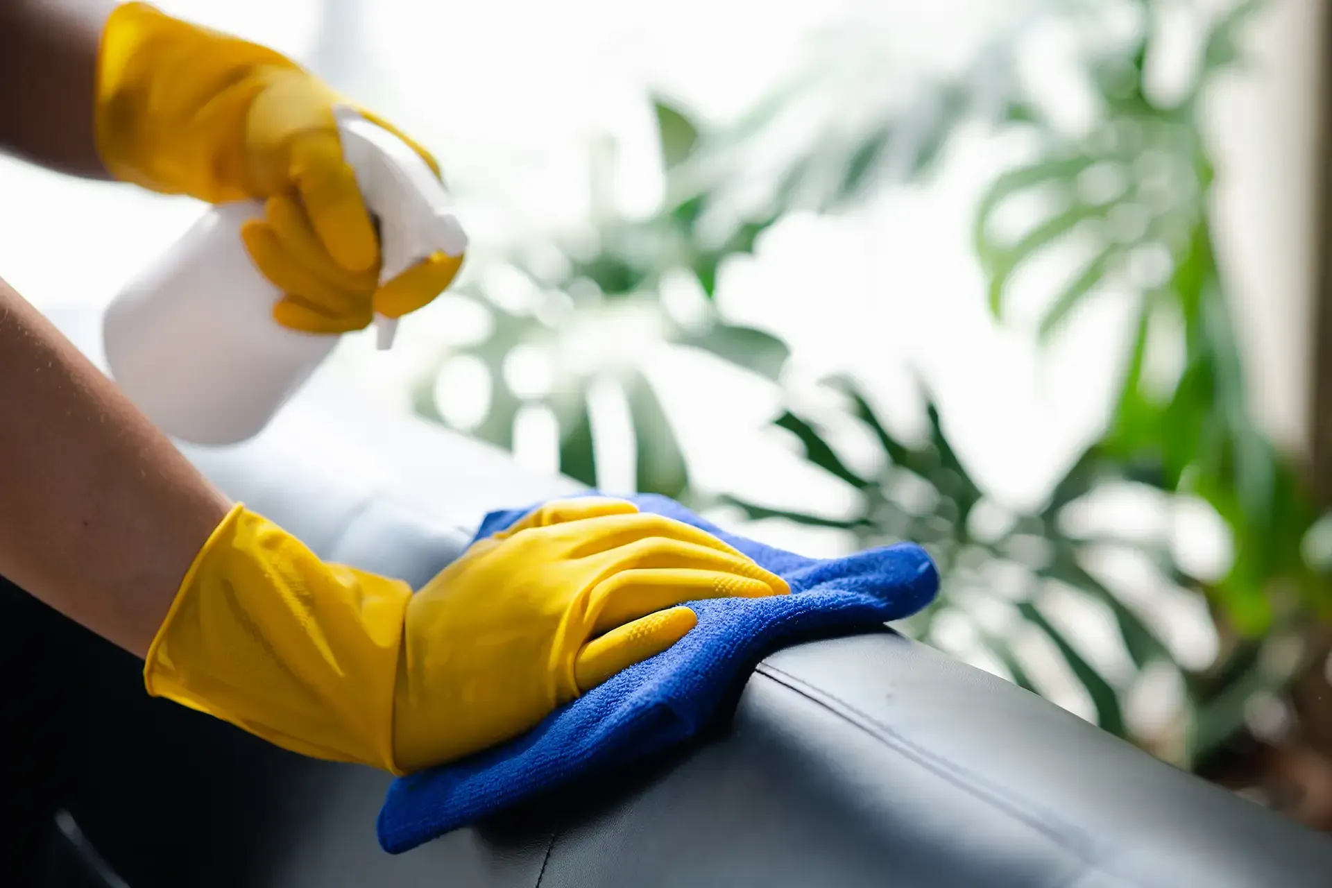 Hands in yellow gloves cleaning a dark surface with a spray bottle and blue cloth.