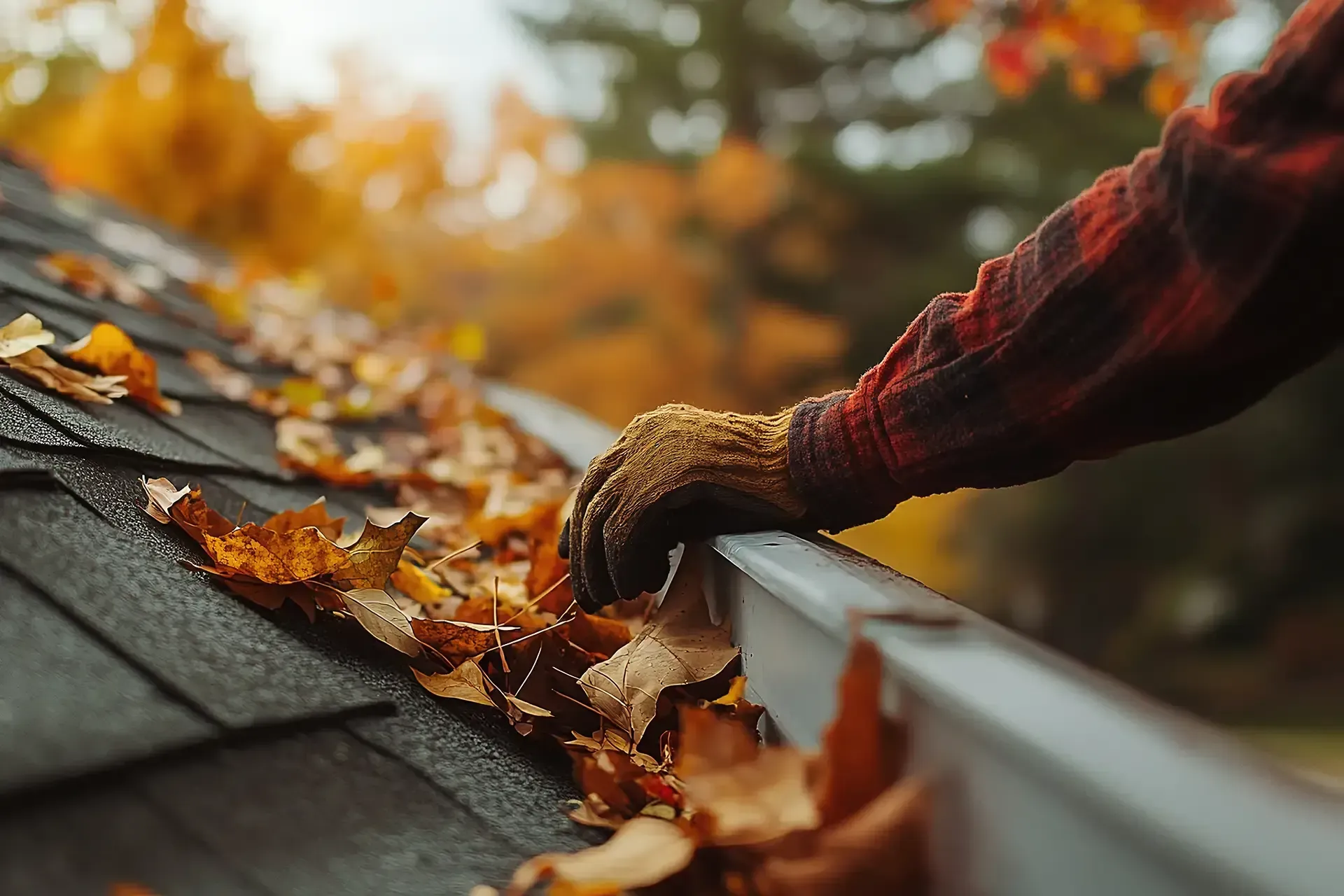 Person in a plaid shirt and gloves cleaning a rain gutter full of autumn leaves.