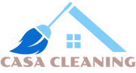 Logo: Blue broom forming the roof of a house, with