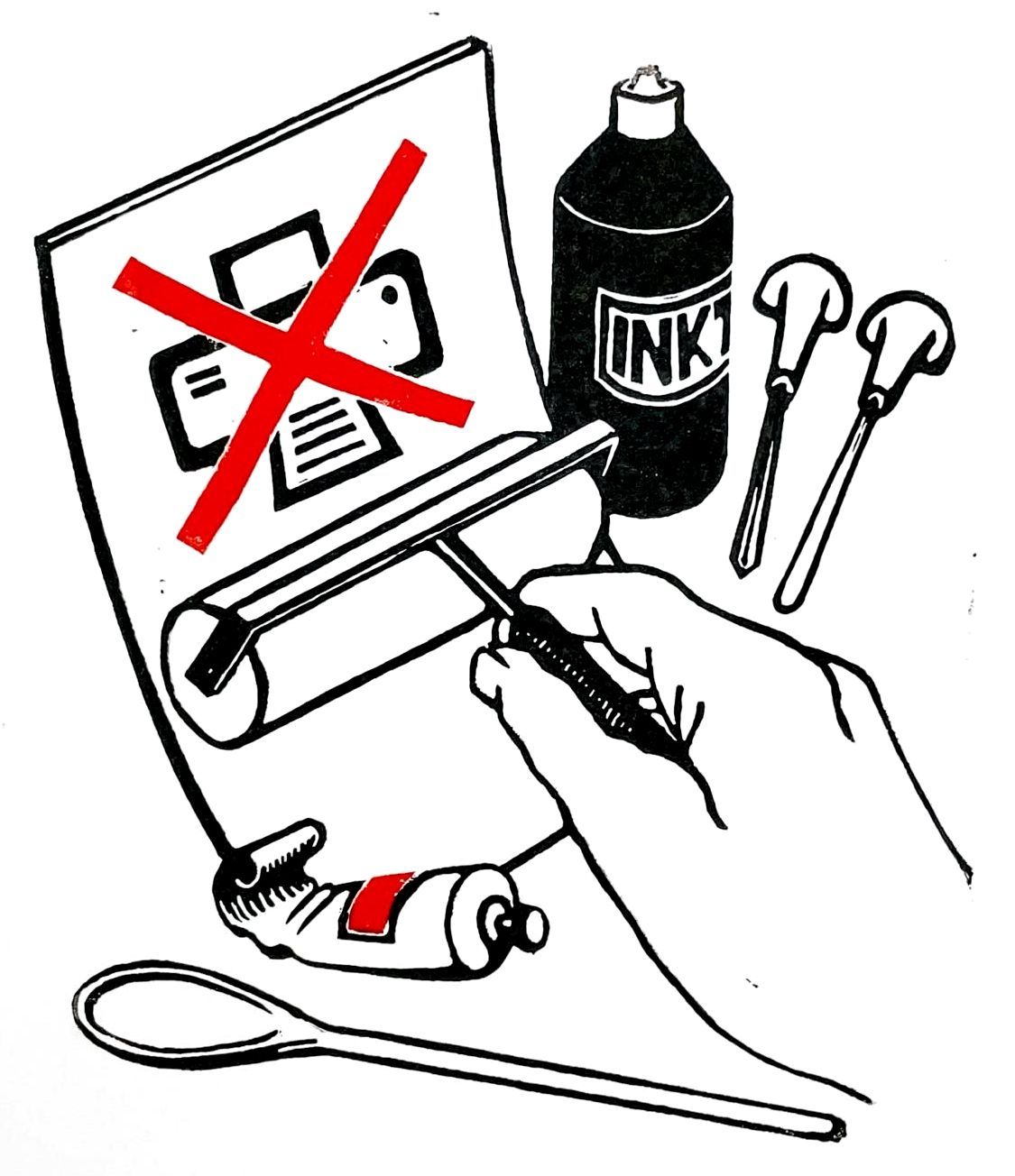 Tekengereedschap voor grafische technieken: papier met doorgestreepte printer, inktfles, wattenstaafjes, roller, tube verf en lepel.