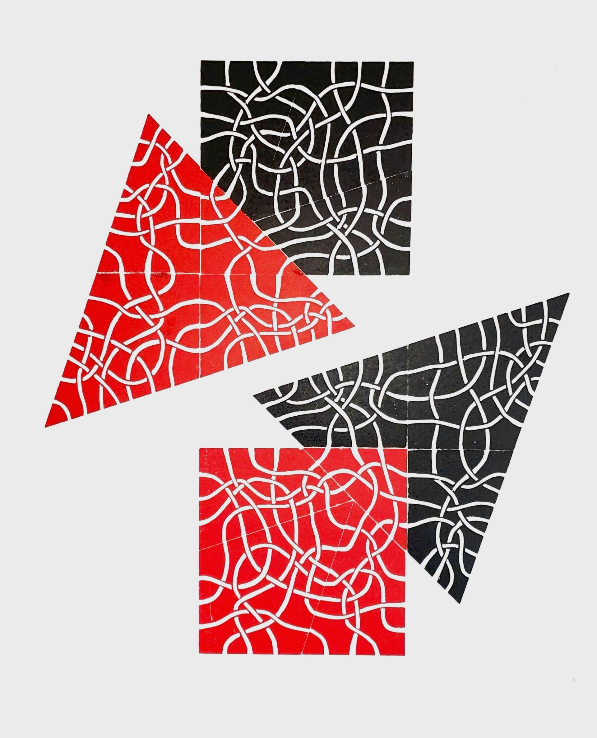 Geometrisch abstract kunstwerk met rode en zwarte vormen: vierkanten en driehoeken, gevuld met witte kronkelende lijnen.