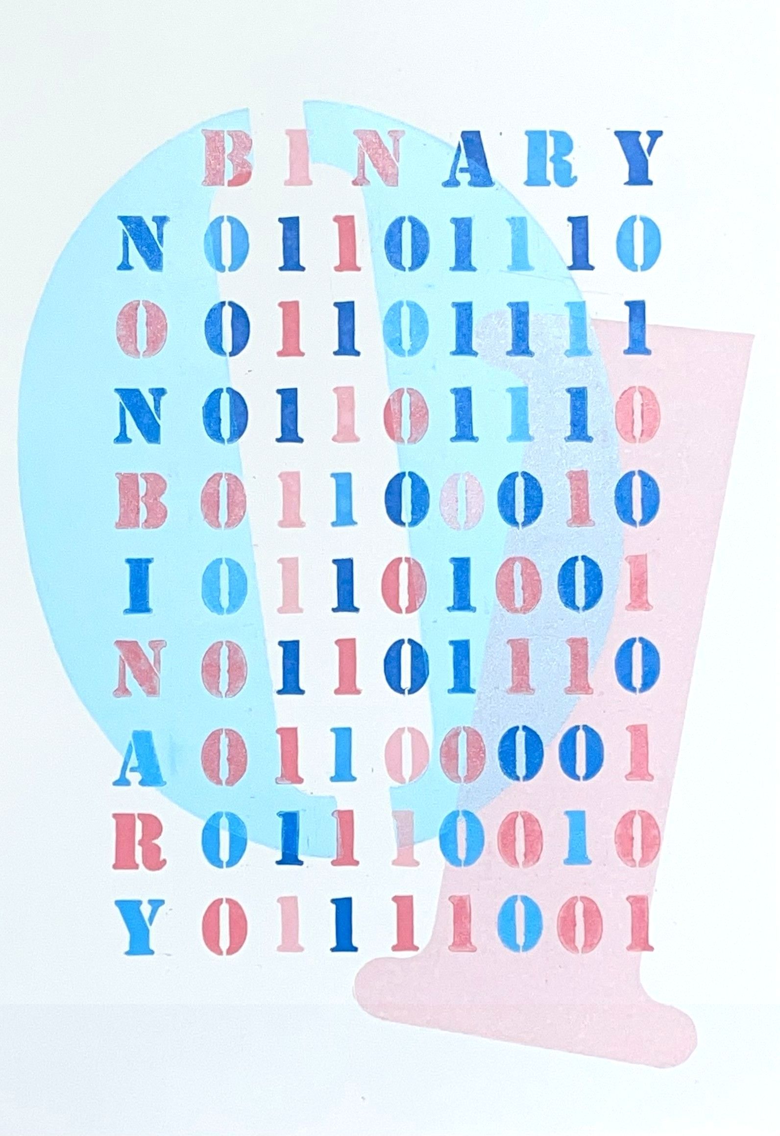 Binaire code in blauw en rood over blauwe en roze vormen op een witte achtergrond.