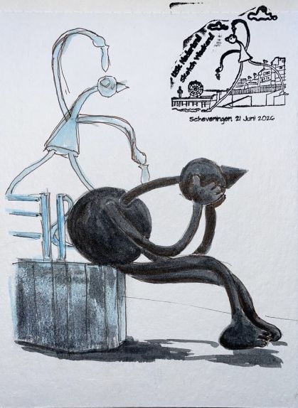 Zwarte schets van een zittende figuur op een kubus, met daarboven een eenvoudige lijntekening en een kleine ingekaderde schets.
