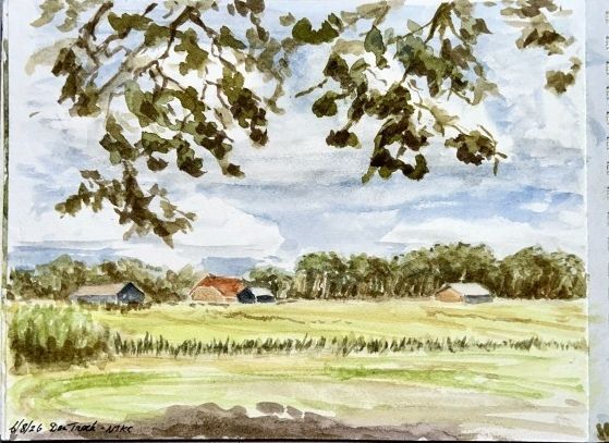 Aquarel van een landelijk veld met bomen, schuren en bladerrijke takken die een bleke hemel omlijsten.