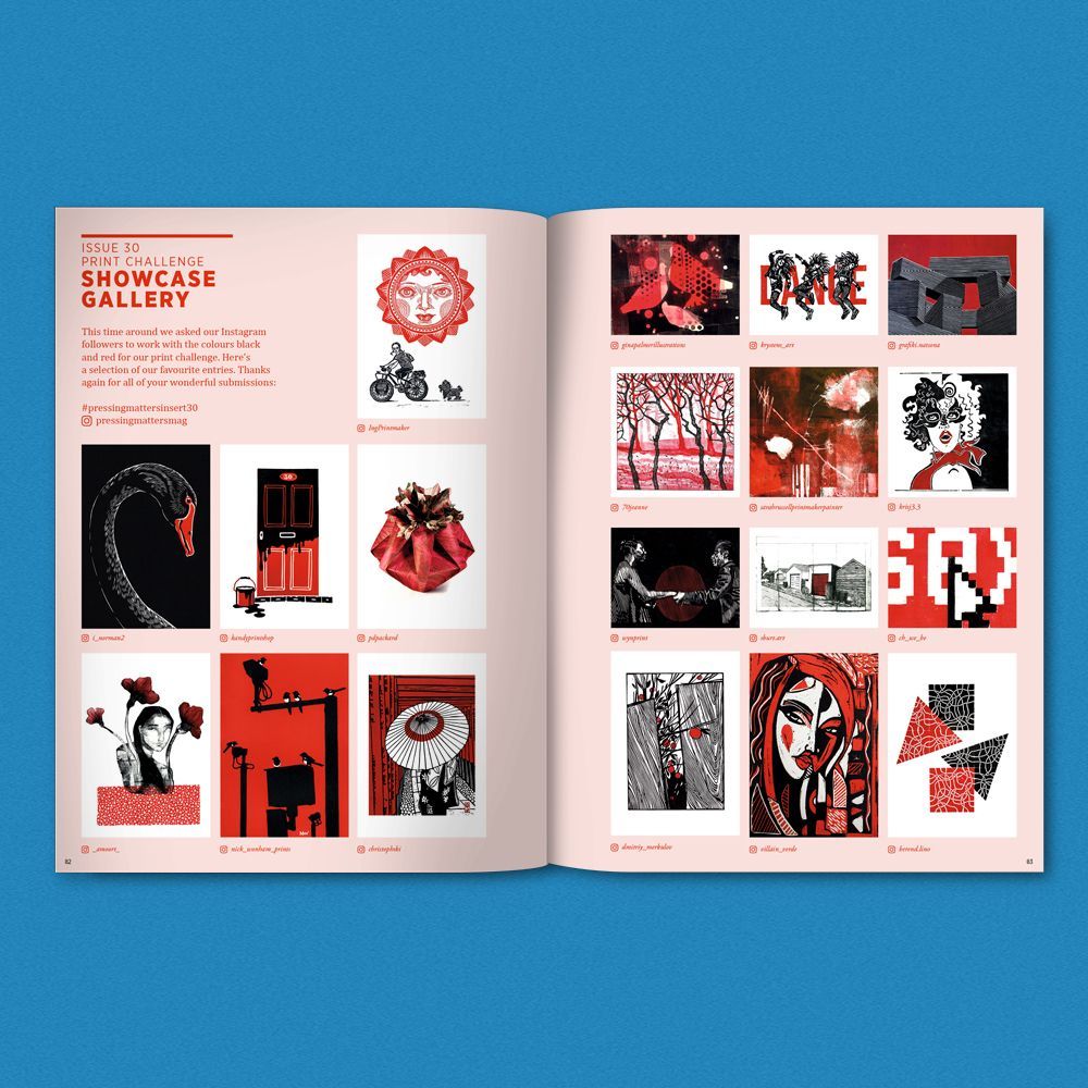 Pagina uit een kunsttijdschrift met een galerij van rood-zwarte kunstwerken.