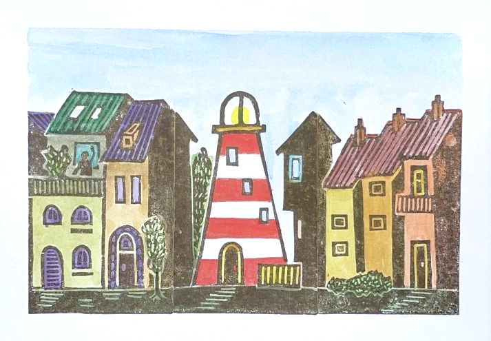 Straatje met twee huizen en een vuurtoren (2026) Drie kleurrijke linosnedes van huizen op een witte achtergrond, geplaatst tegen een grijze achtergrond.