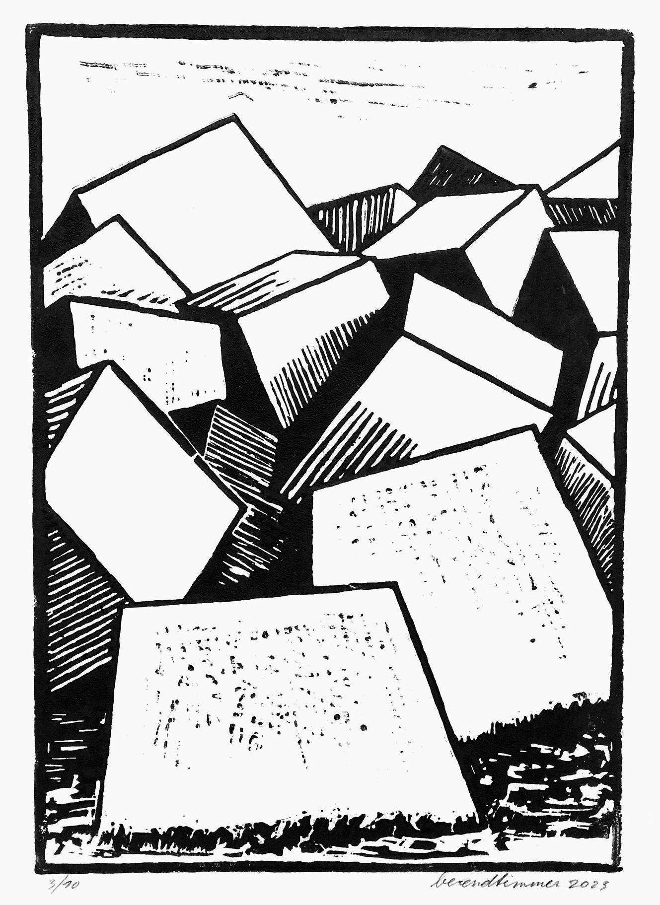 Geometrische kunst in zwart-wit, met een wirwar van blokvormige figuren, waarvan sommige schaduwen werpen.