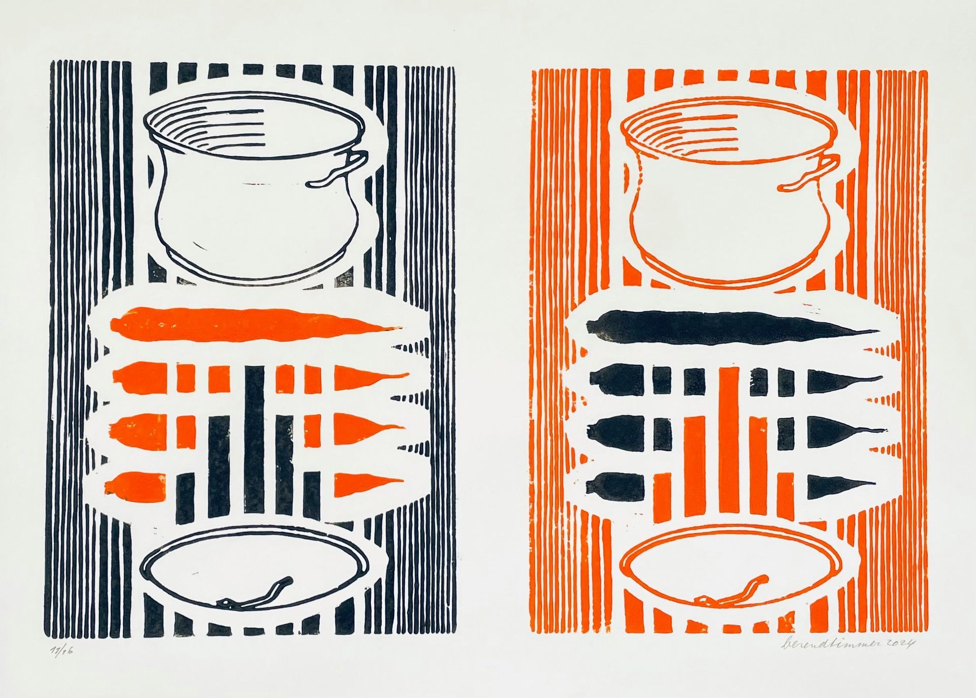 Linoleumsnede in twee panelen. Potten en borden in een raster, het ene in blauw en oranje, het andere in oranje en blauw.