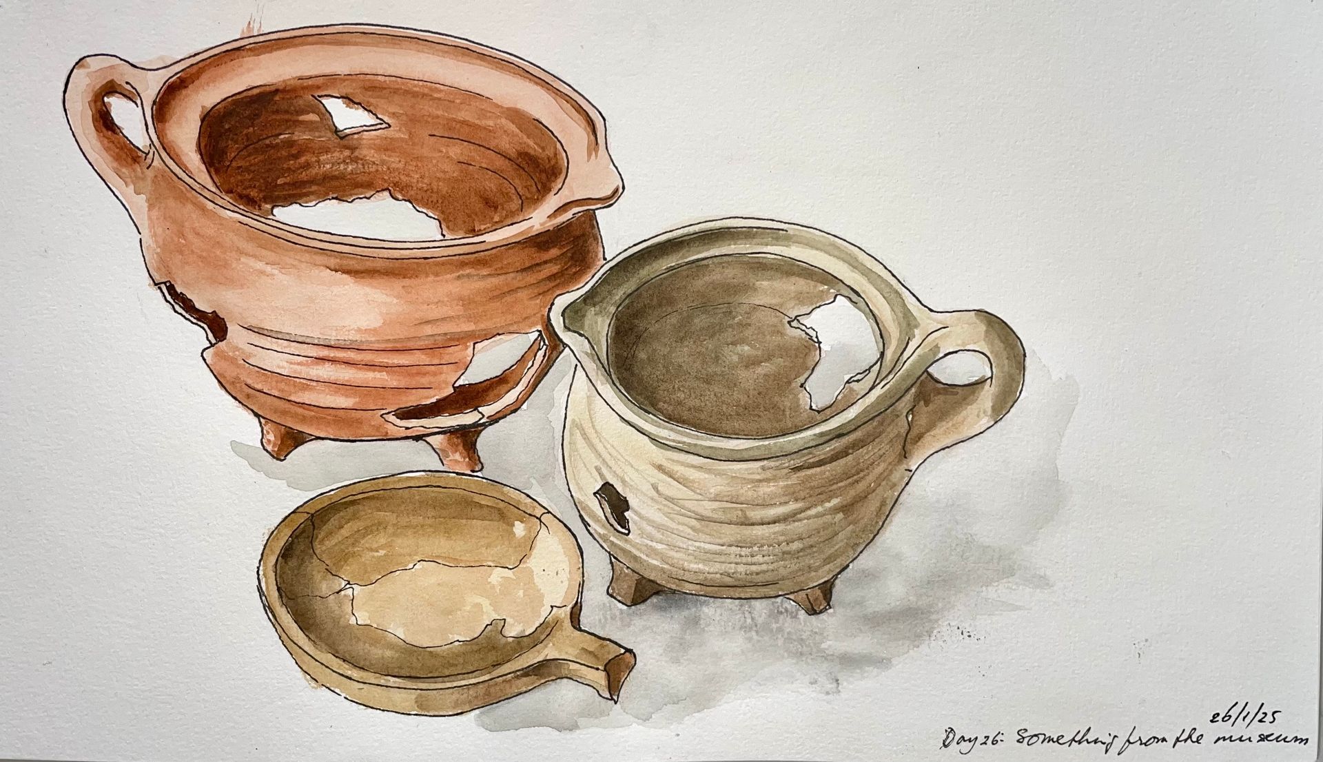 Aquarelillustratie van drie aardewerken potten met gebroken gedeelten, in bruin en beige.