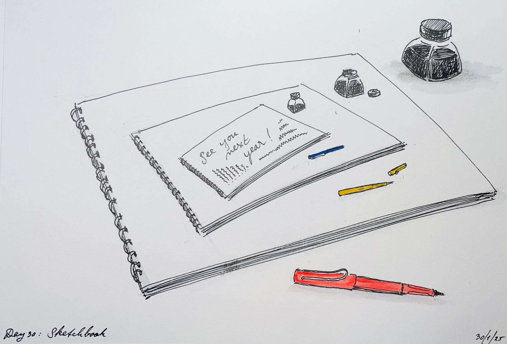 Schets van een bureau: spiraalblok, inktflesjes, pen en een briefje met de tekst 
