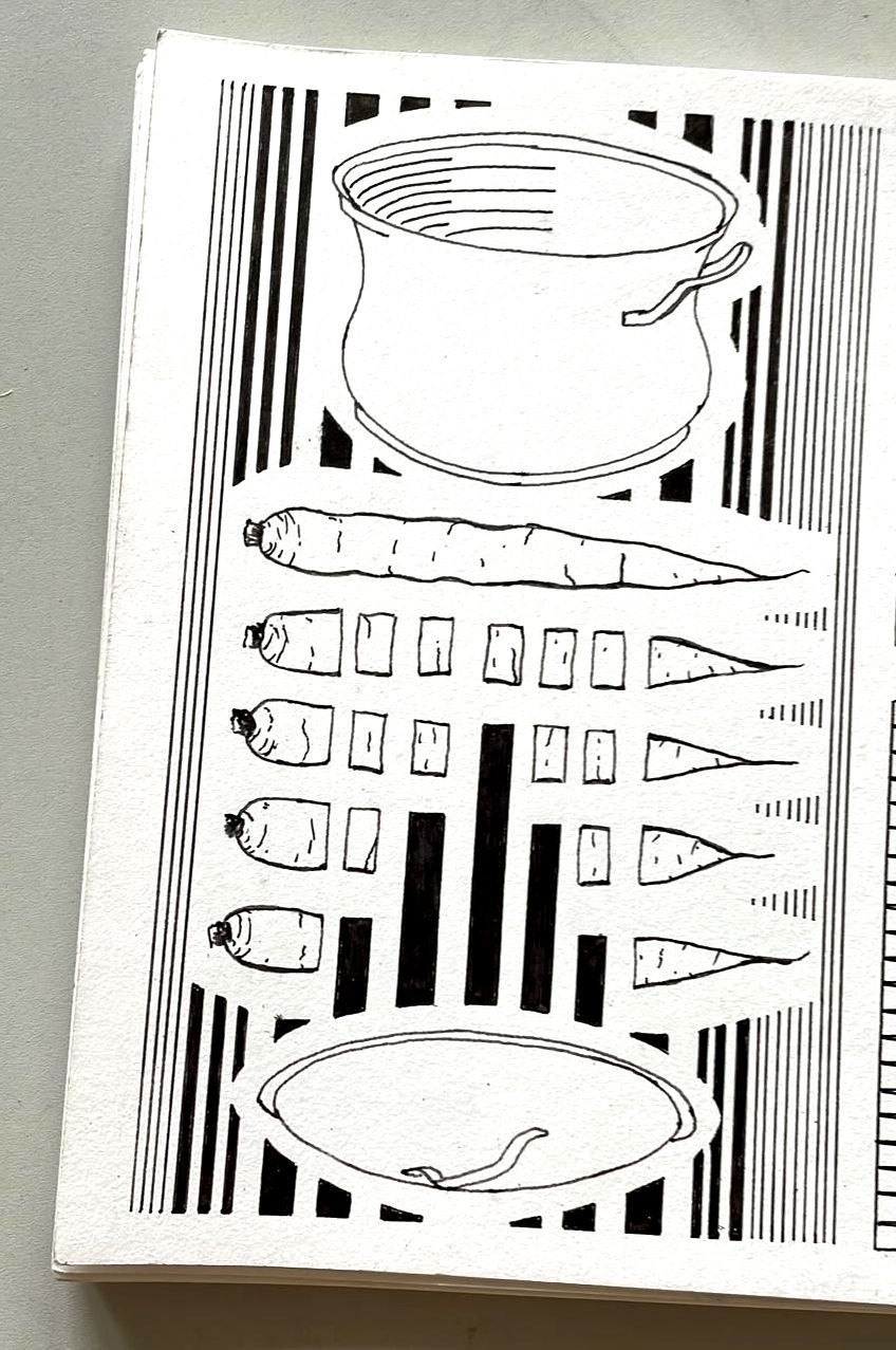 Tekening kookpot en wortels