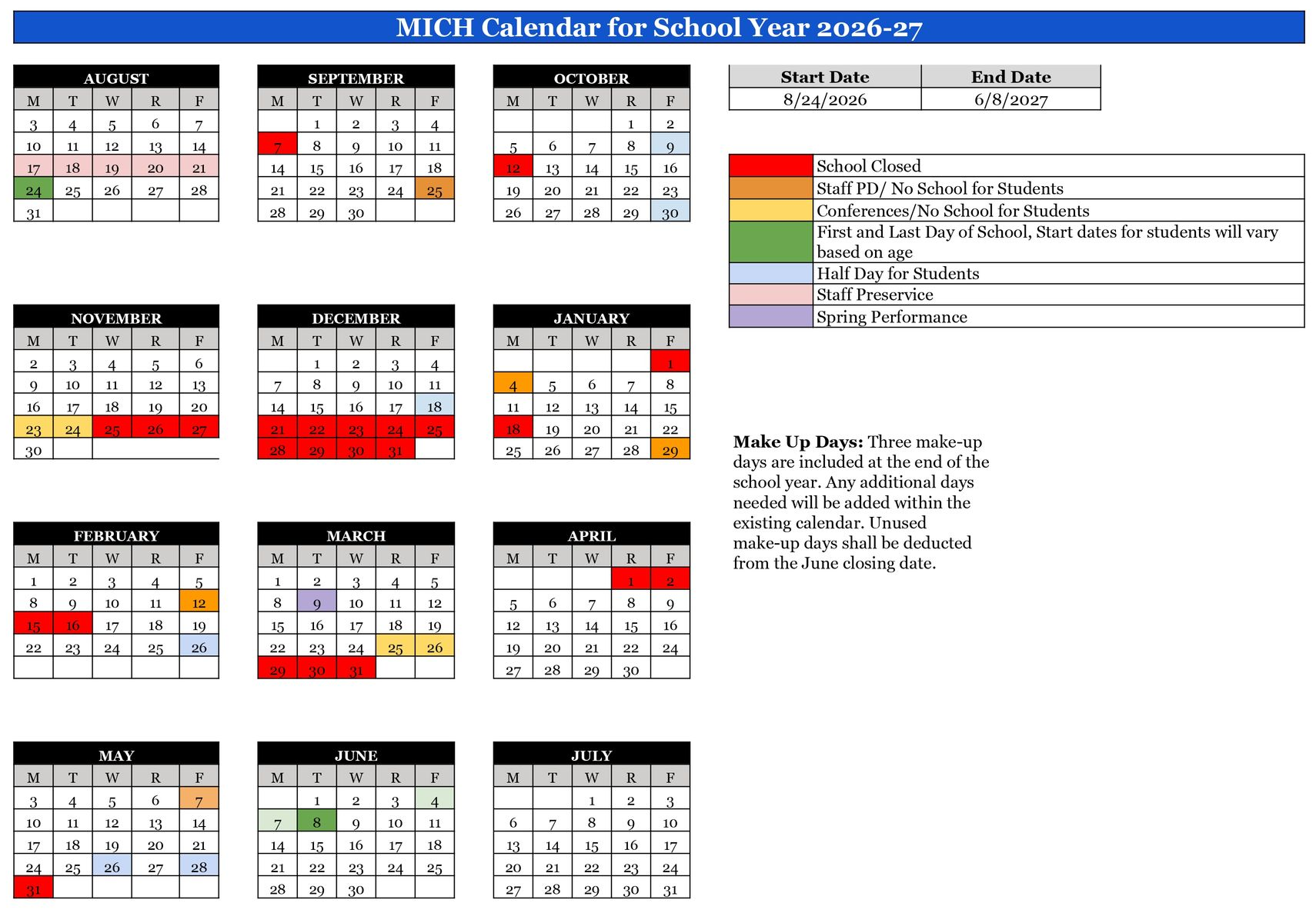 Montessori International Children's House School Calendar