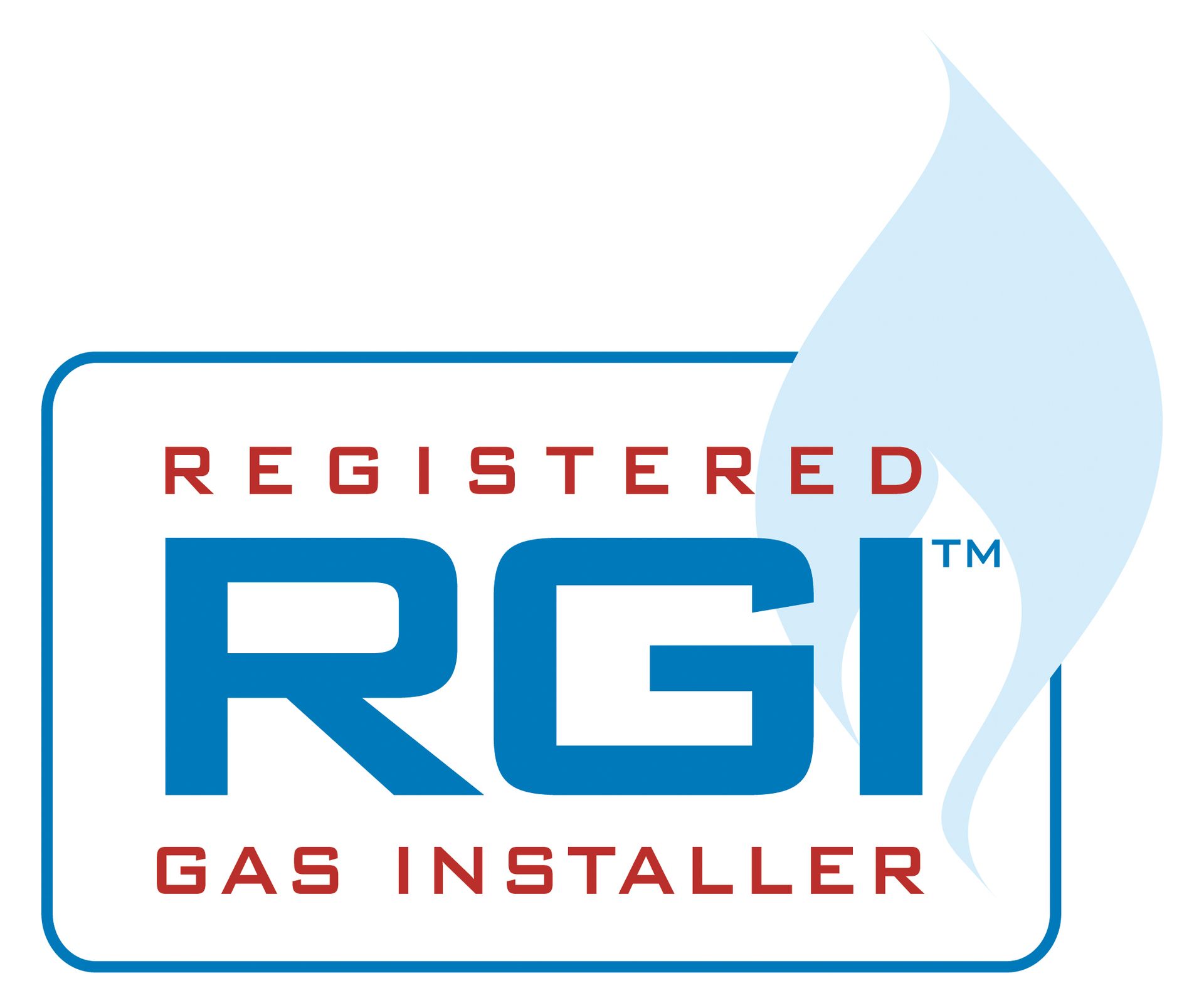 A registered gas installer logo with a flame in the background