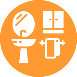 A bathroom icon with a sink , mirror and towel
