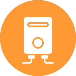A white icon of a computer tower in an orange circle.