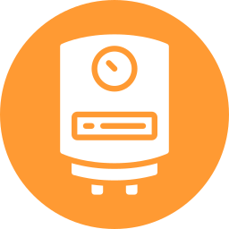 An icon of a water heater with a clock on it in an orange circle.