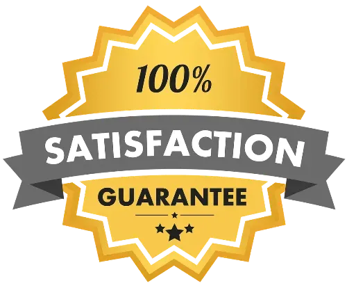 A 100 % satisfaction guarantee badge with a ribbon and stars.