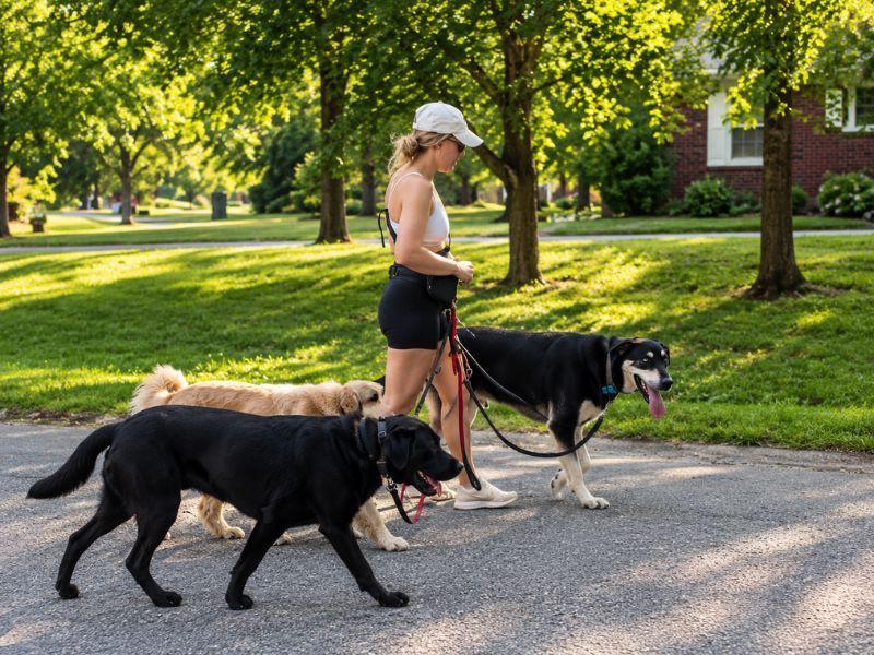 Four dogs on leashes with a person jogging. The dogs are various breeds and colors, smiling. Outdoors.