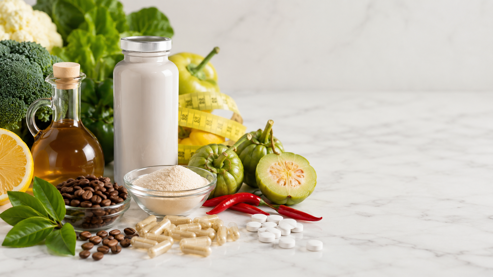 Suplementos para bajar de peso junto a frutas, verduras, café, cápsulas y cinta métrica sobre una me