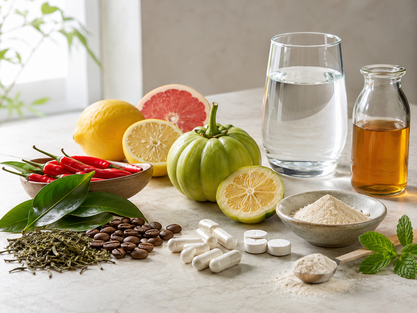 Ingredientes naturales utilizados en suplementos para bajar de peso como té verde, cafeína, glucomanano y L-Carnitina.