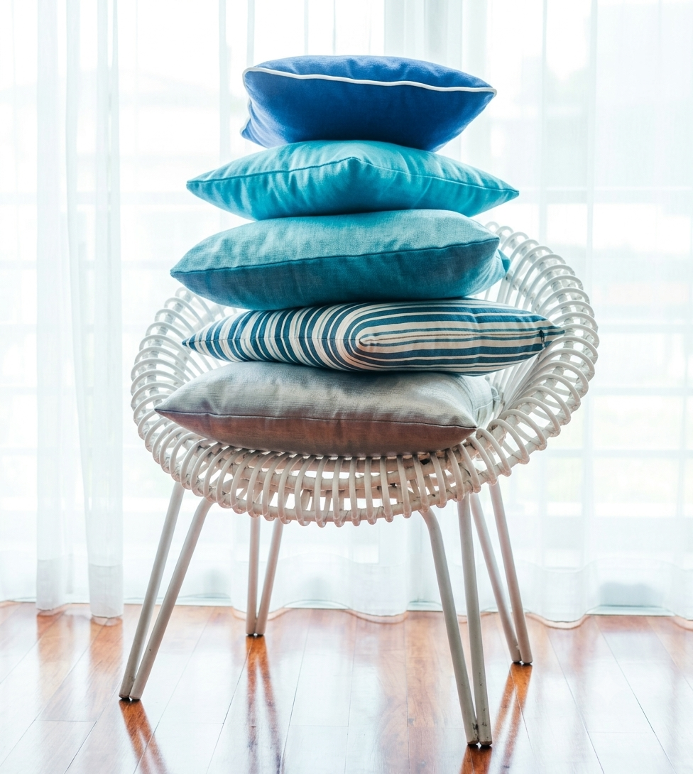 In una stanza luminosa, una pila di cuscini decorativi colorati è appoggiata su una sedia bianca intrecciata.